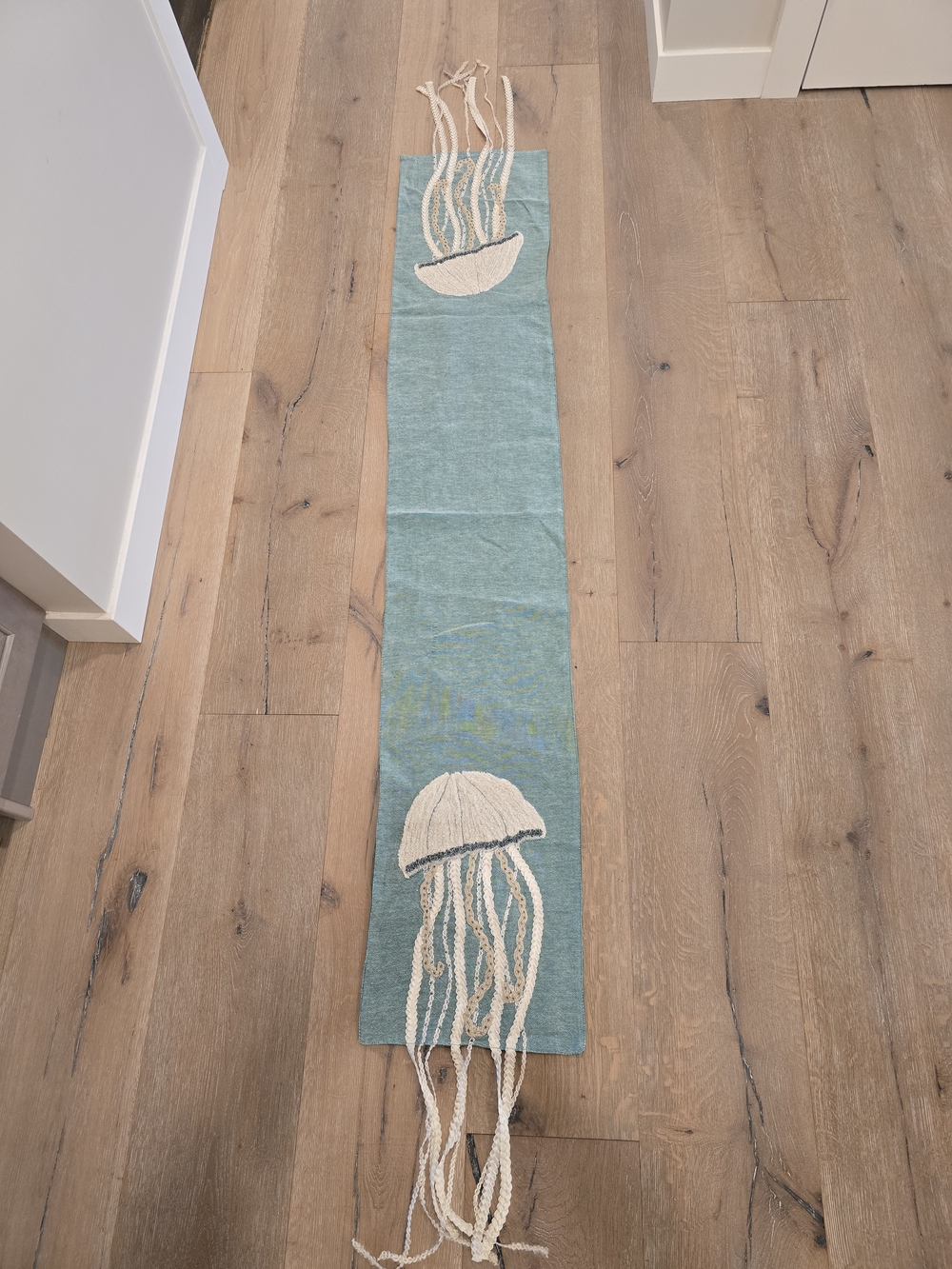 Pier 1 Imports Jellyfish Table Runner Embroidered Beaded Aqua Coastal 13x72